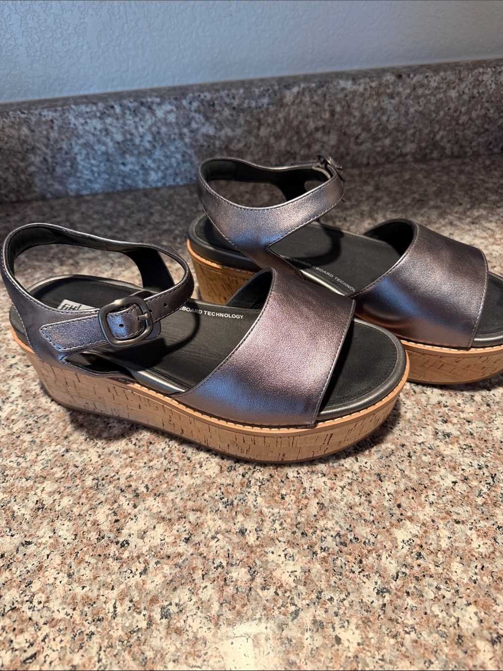 Fit Flop Metallic Pewter Platform Sandals with Cork Wedge Size 8